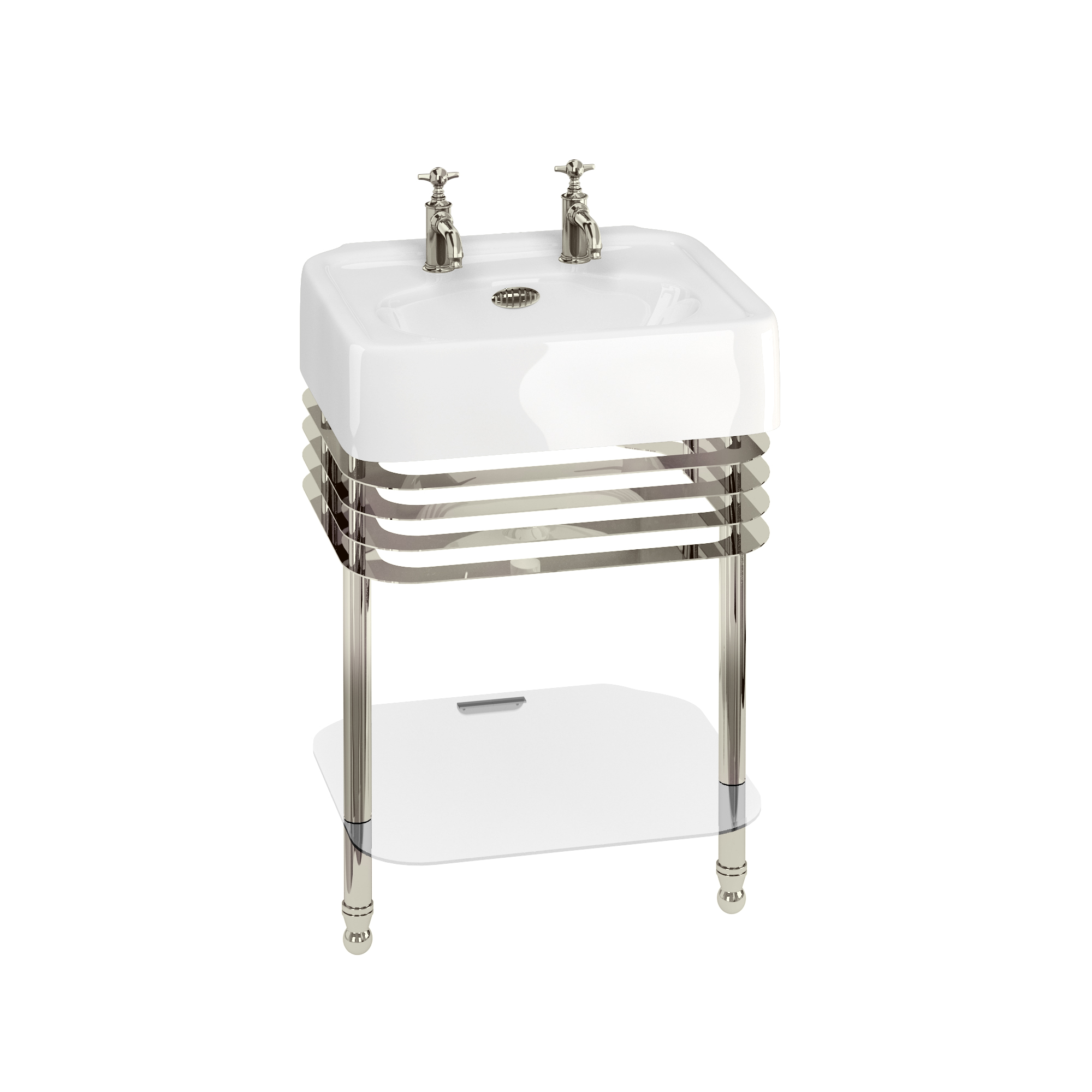 Arcade 600mm basin with nickel overflow & basin stand